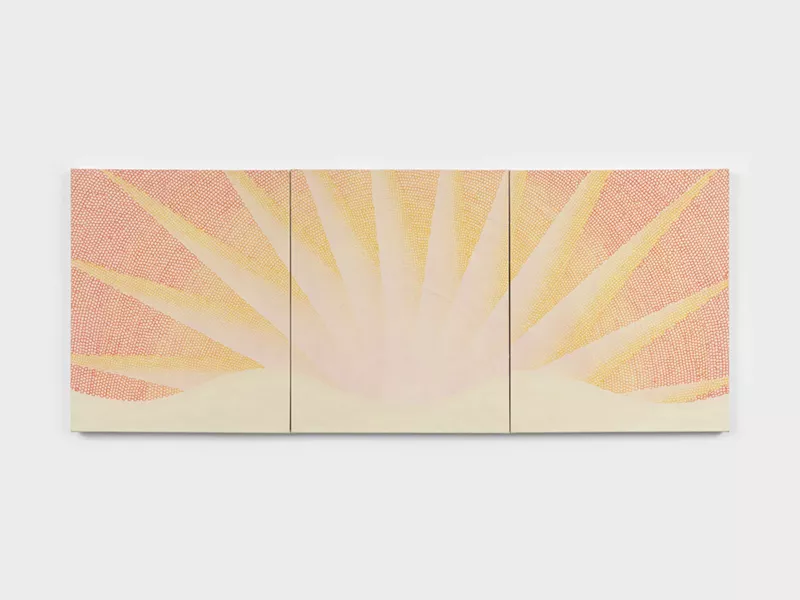 Image: Jessica Cannon, “Day Pleats, Red Arch,” 2023, acrylic and iridescent pigments on canvas.
