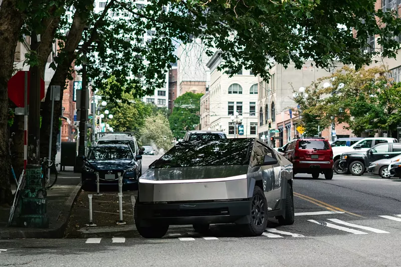 Image: Tesla cybertruck under trees