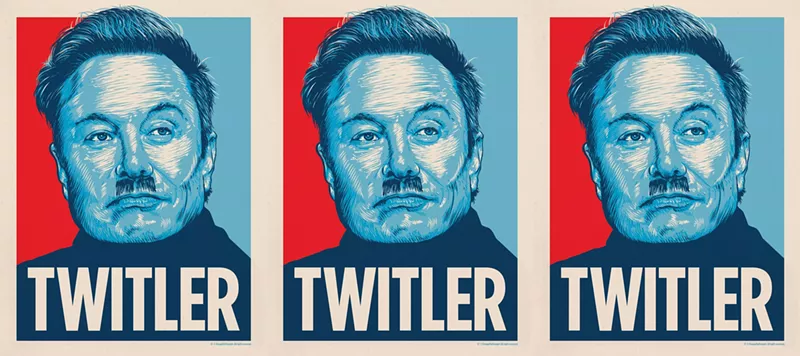 Image: An illustration of Elon Musk with a Hitler mustahce.