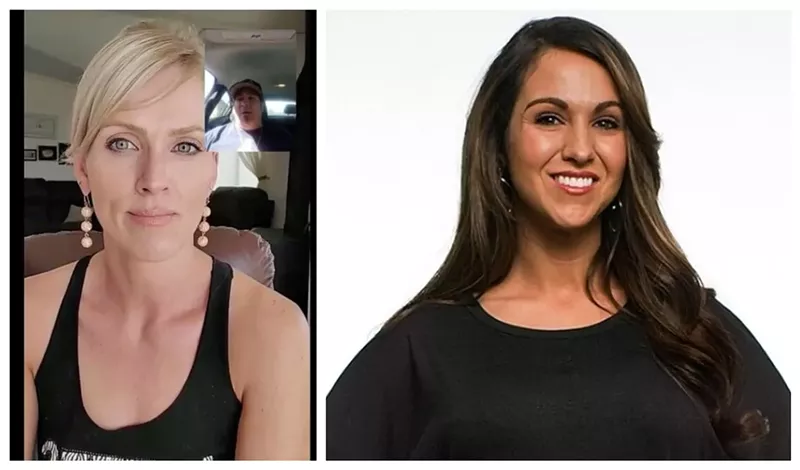 Image: Sherronna Bishop in a screen capture from a video chat with a self-proclaimed Proud Boys member identified as "Rob" and a portrait of Lauren Boebert from our October 2020 cover story.