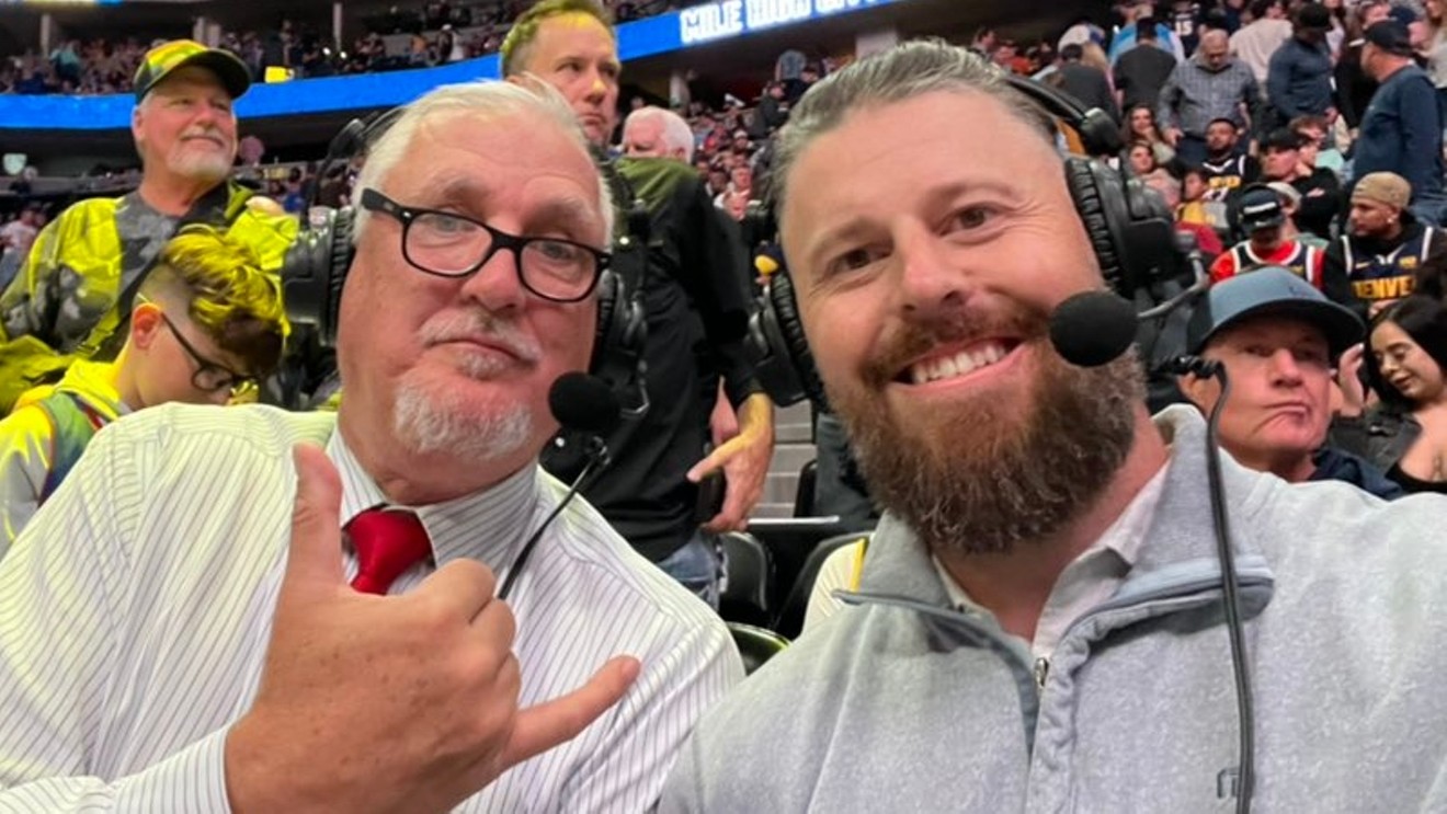 Tyler Polumbus, right, with new Altitude Sports Radio co-host Scott Hastings at the October 22 Denver Nuggets game.