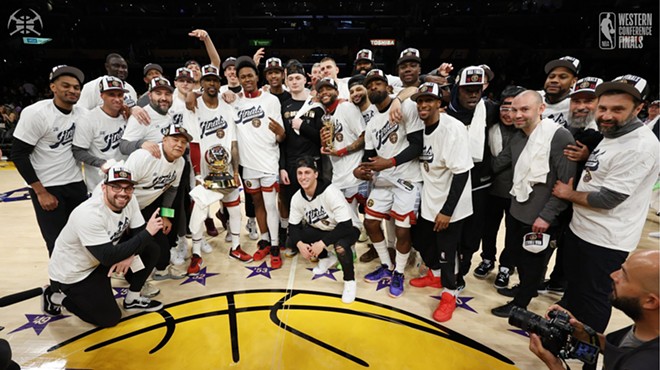 The Denver Nuggets gathered together for a team photo after beating the Los Angeles Lakers to advance to the NBA Finals.