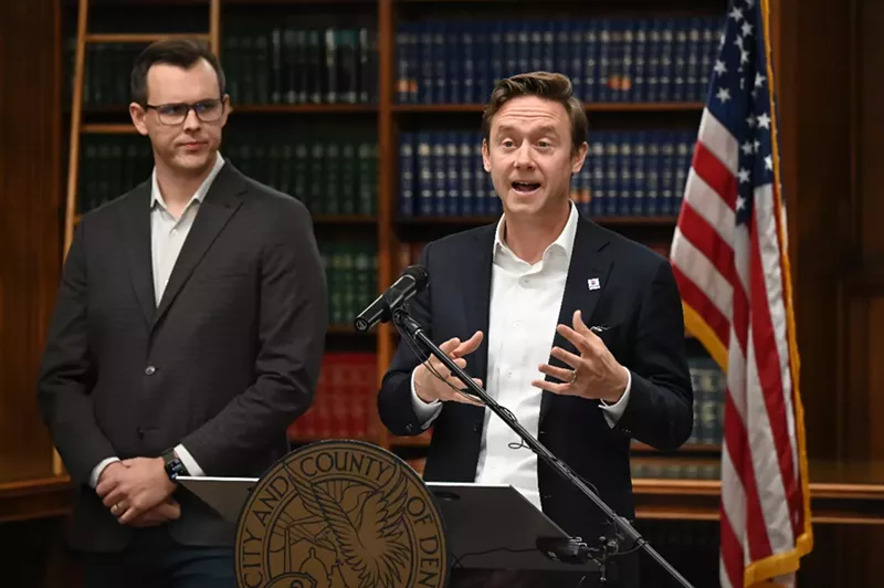 Image: Mayor Mike Johnston and Will Goodale from Housing Connector speak at a press conference.